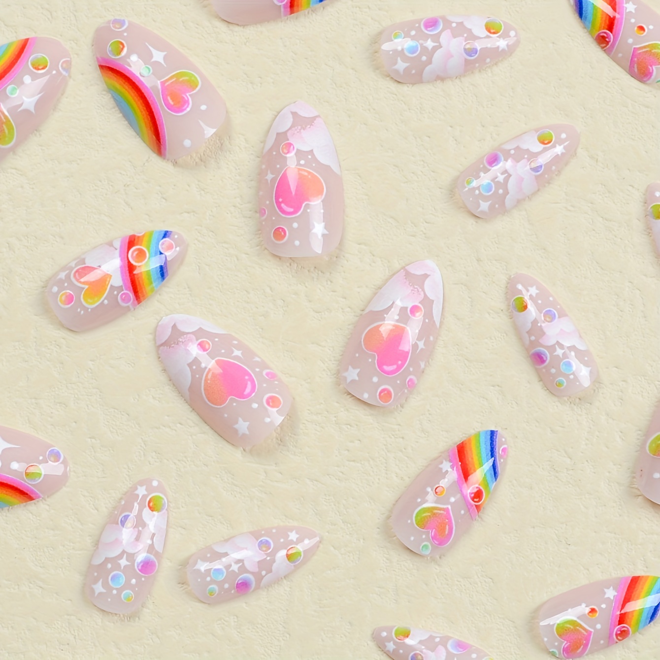 medium almond press on nails cloud rainbow heart design fake nails full cover false nails for women and girls details 1