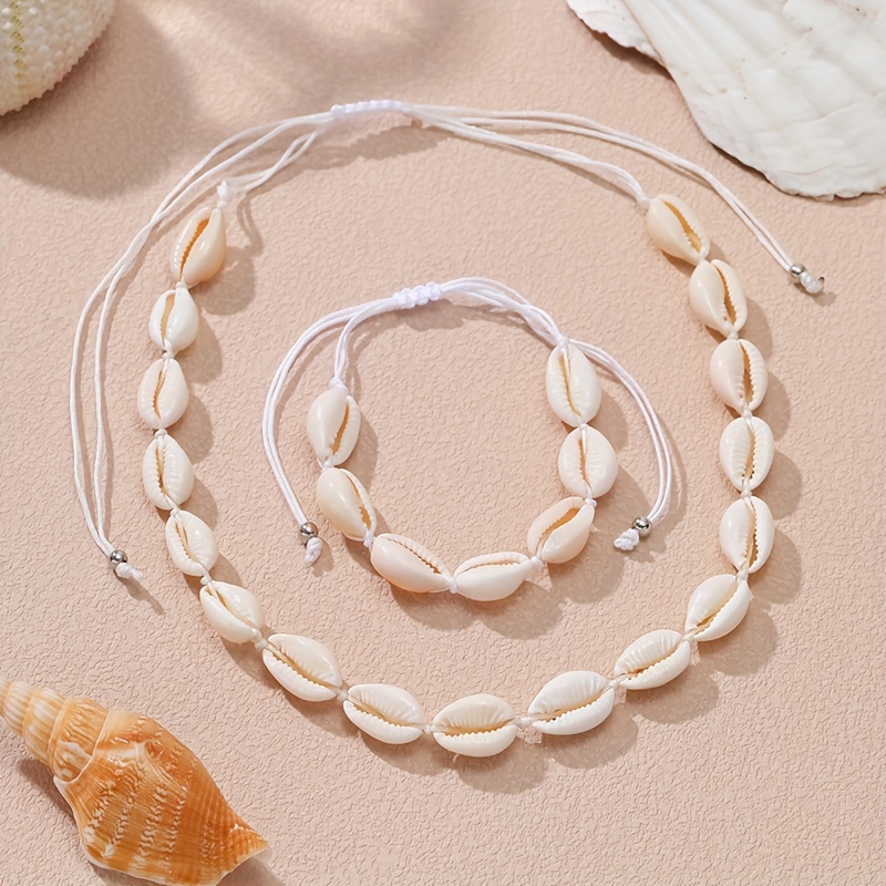 

Bohemian Natural Cowrie Shell Necklace And Bracelet Set, 2-piece Handmade Woven Women's Jewelry For Beach Resort Casual Wear