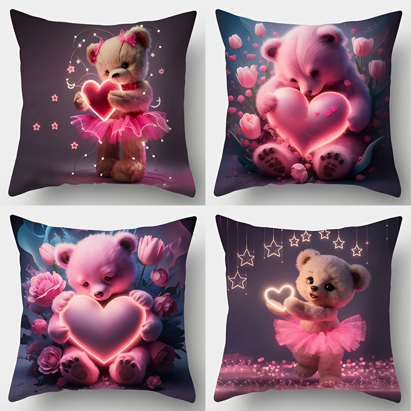 

Set Of 4 Valentine's Day Pink Heart Teddy Bear Throw Pillow Covers, Contemporary Style, 17.7x17.7 Inch Decorative Pillowcases, Polyester, Woven, Zipper Closure, Hand Wash, For Living Room