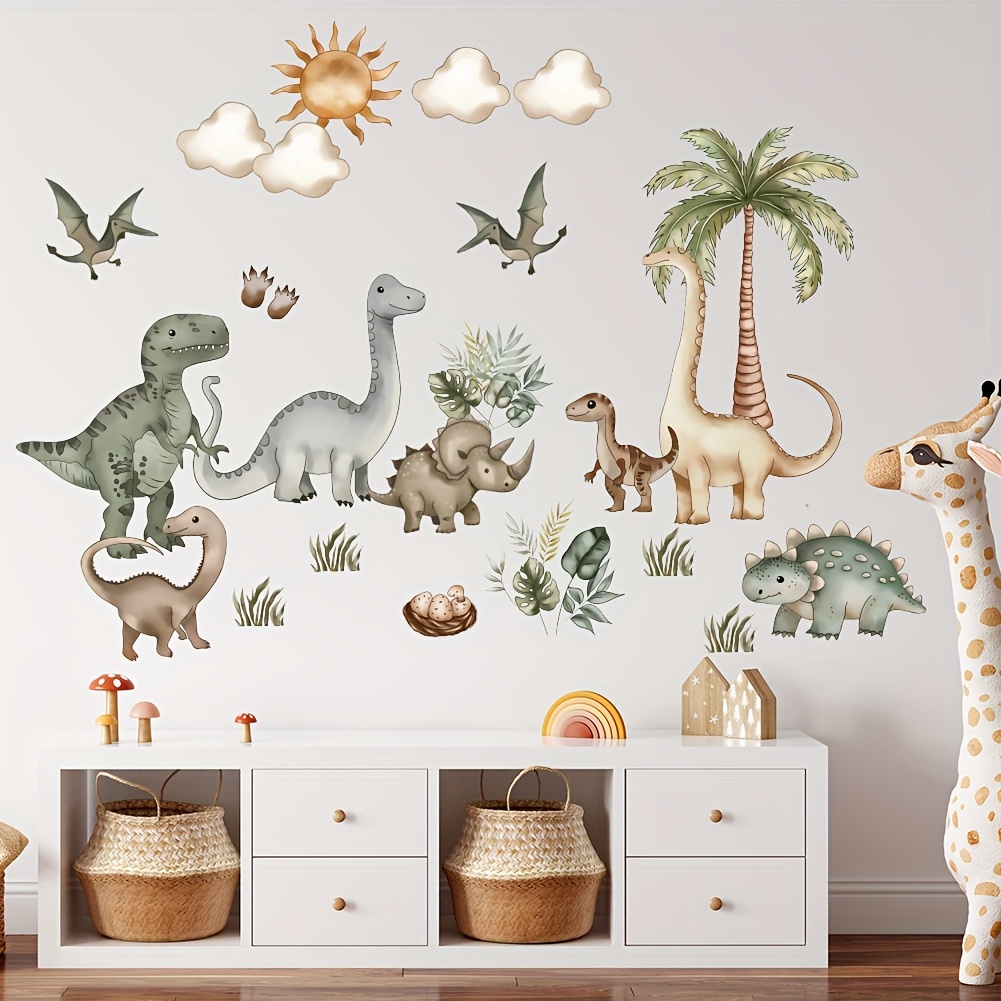 dinosaur theme sun coconut tree wall decal vibrant pvc self   sticker for bedroom living room or play area decor   stick design dinosaur room decor