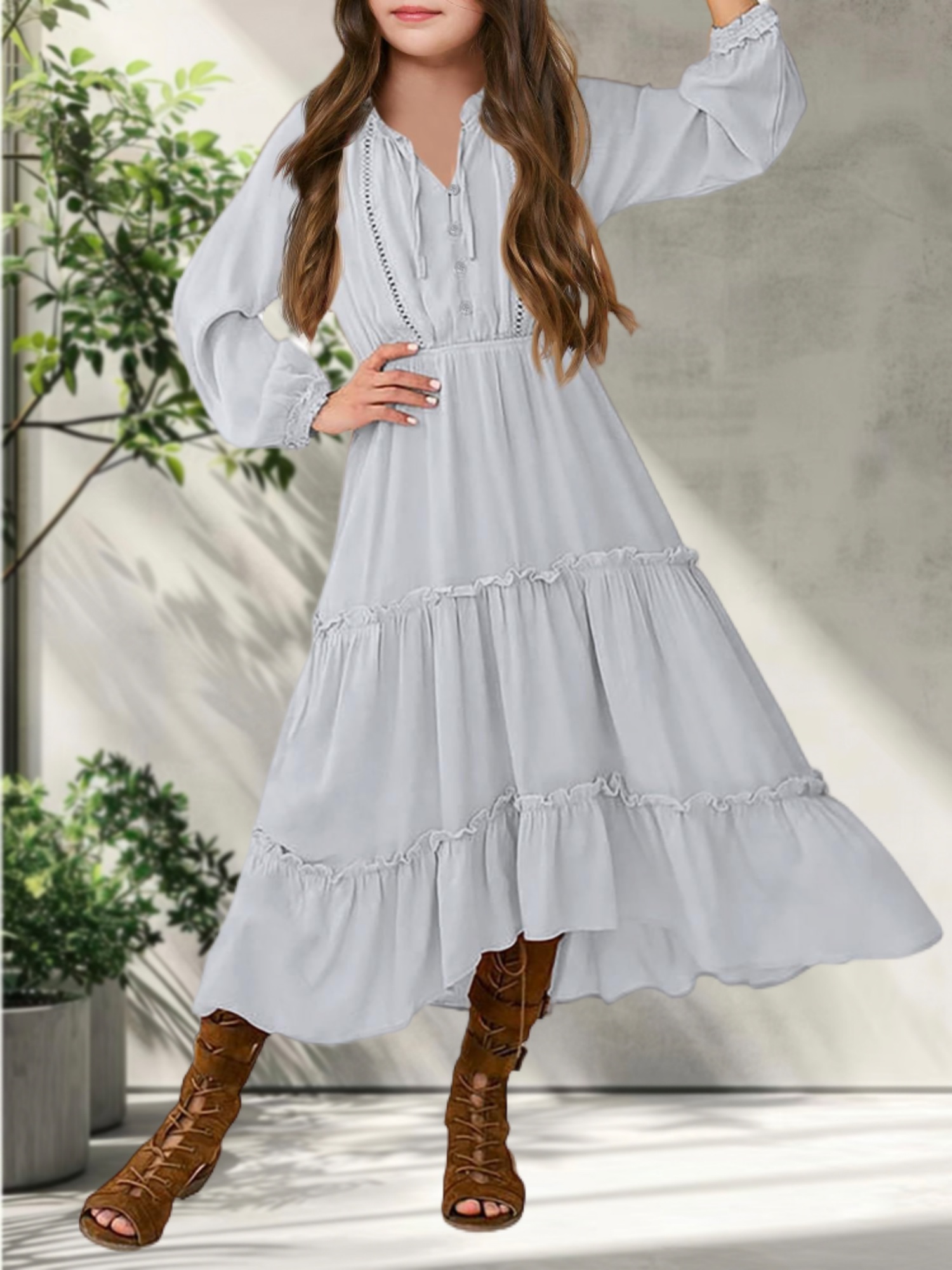 girls long sleeve ruffle dress tiered v neck maxi raglan - Temu