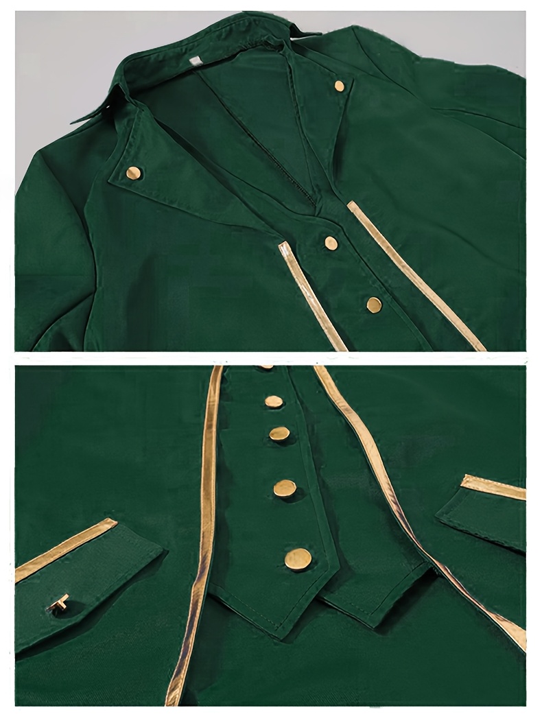 Vintage-Inspired Mid-Length Tuxedo Coat with Golden Trim - Black Retro Punk Style for Halloween, Stage Performances & Themed Events, Stage Performance Attire | Ornate Golden Detailing | Polyester Fiber Coat