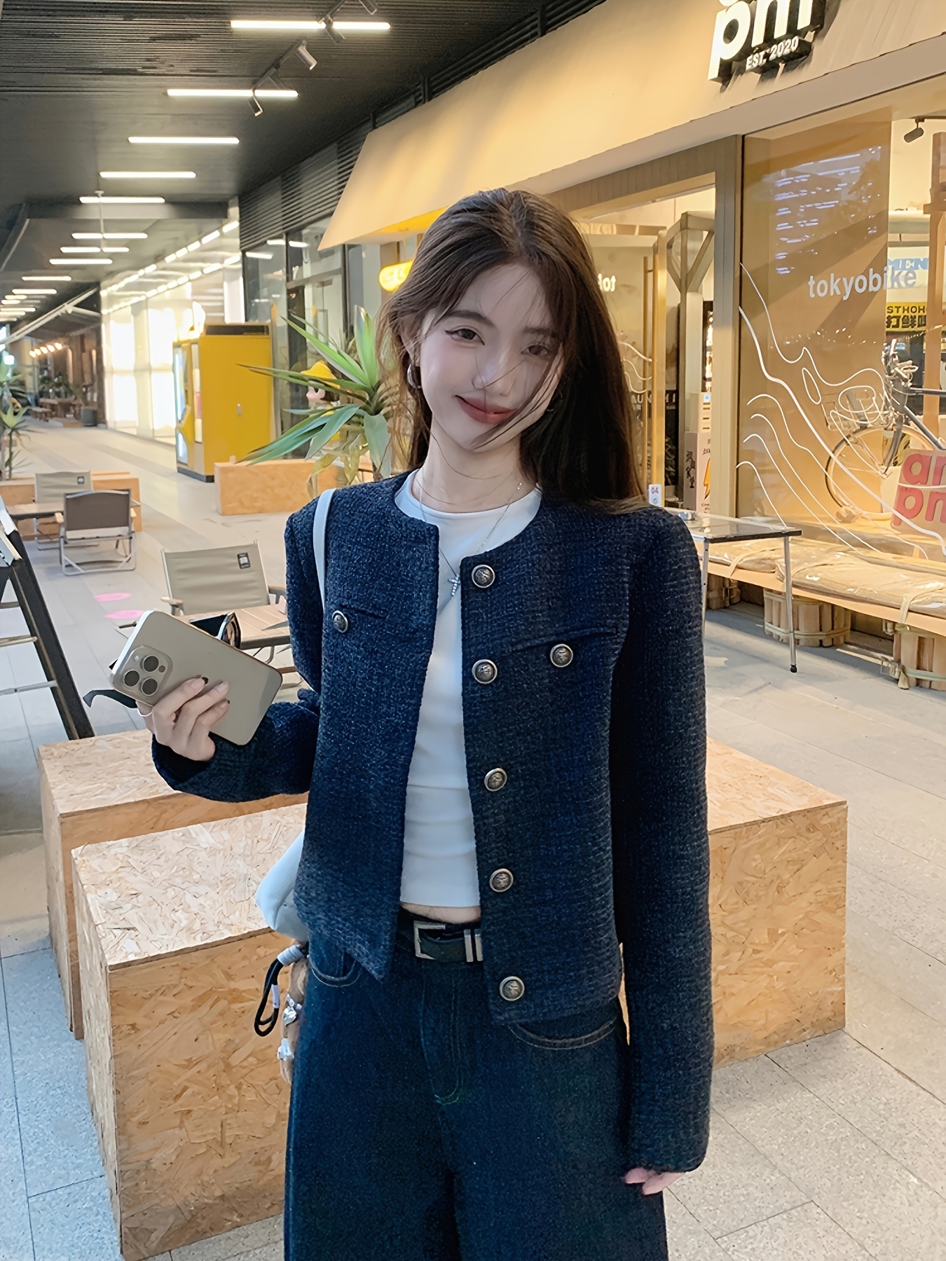 womens navy blue short vintage inspired jacket 2024 autumn