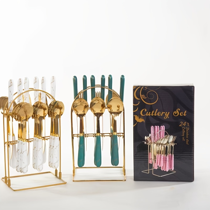 24pcs Cutlery Set, Elegant Marble Pattern Multi-Functional Tableware, Suitable for Restaurants and Desserts, Includes Dinner Forks, Soup Spoons, and Teaspoons - Ideal for Home and Hotel Kitchen Dining, Fanyishu Outdoor Tableware