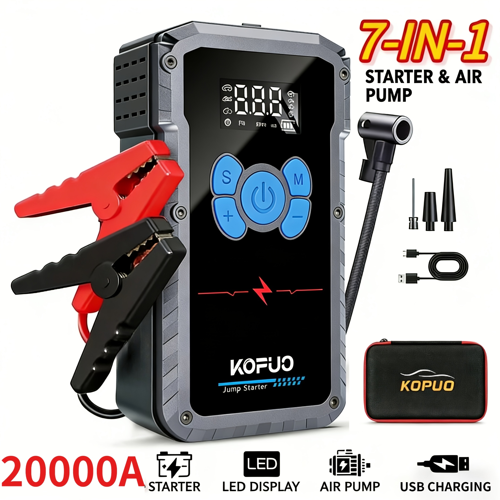 20000a 12v Car Jump Starter With 150psi Compressor, Portable Battery Booster For All Gas/10l , Lcd Screen Led Light