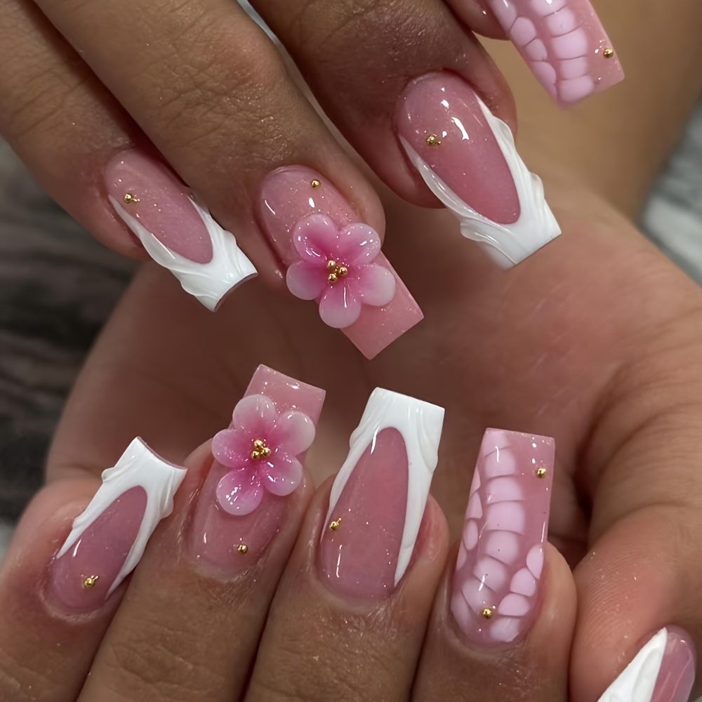 TEMU 24 Long Square Head Gel Cherry Nail Stickers, Three-dimensional Fish Scale Pattern Decoration, French Acrylic Fake Nail Set, Suitable For Summer