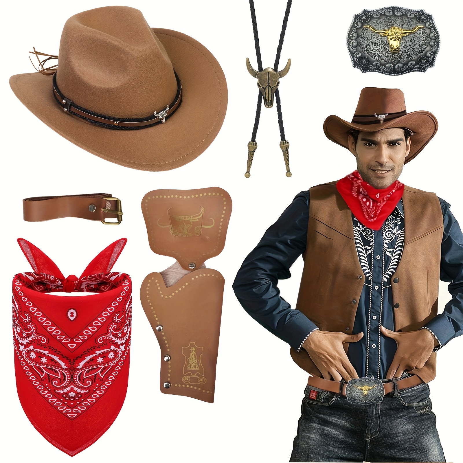 E-shop Western Cowboy Herrenanzug-Kostüm-Set, Hut Halskette Stirnband Gürtel Schnalle Gurt Schutz, Event Party Kostüm Set, Maskenball Kostüm, geeignet
