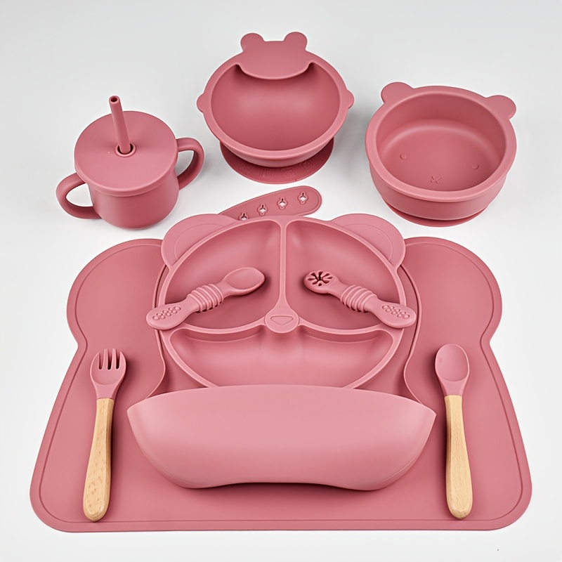 

10pcs ' Silicone Dining Set - Bear-themed Plates, Spoons, Forks, Bowls & Bibs - , Easy-clean Tableware For Self-feeding Training