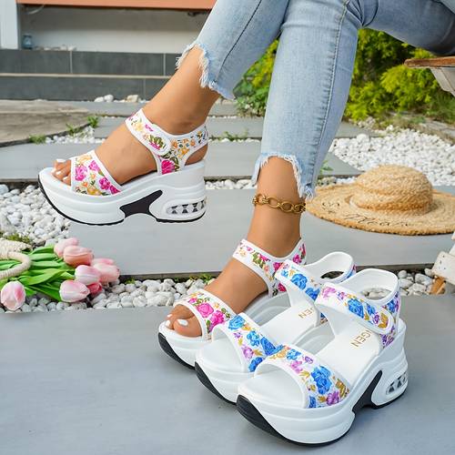 2026 summer new womens fashion thick sole platform sandals comfortable casual all match breathable thick sole height increasing shoe upper floral unique hook and loop closure women shoes