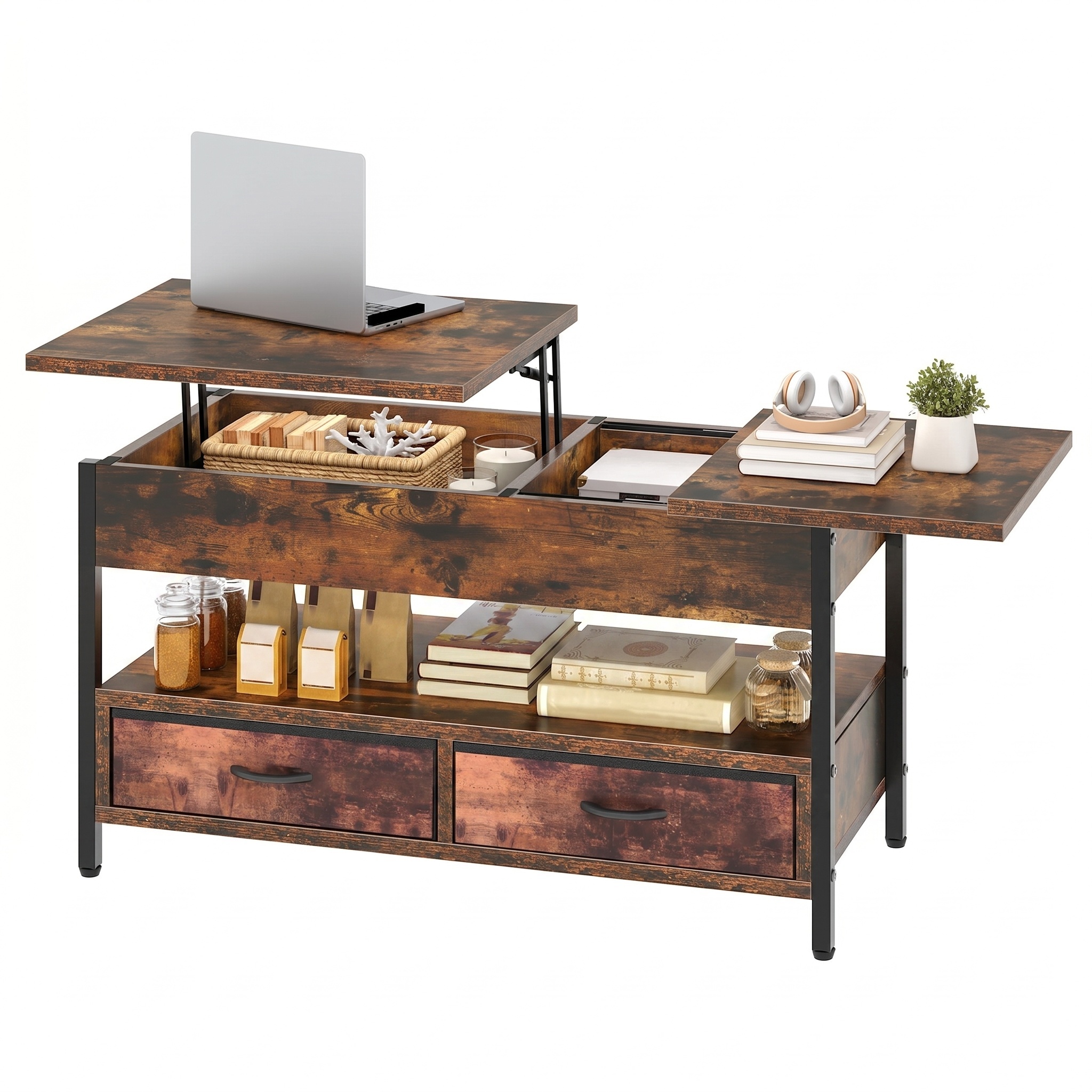 Height Adjustable Coffee Table With 2 Drawers And Open Storage Space, Living Room Table With Hidden Compartment, 106 X 50 X 51. 5cm