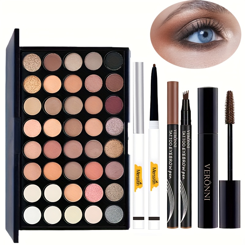 Image of Valentine's Day Makeup Gift 4pcs Eye Makeup Portable 40-color Eyeshadow, Brown Mascara, Liquid Eyebrow Pencil And Eyeliner, Eye Complete Cosmetics Earthy Brown Eyeshadow For