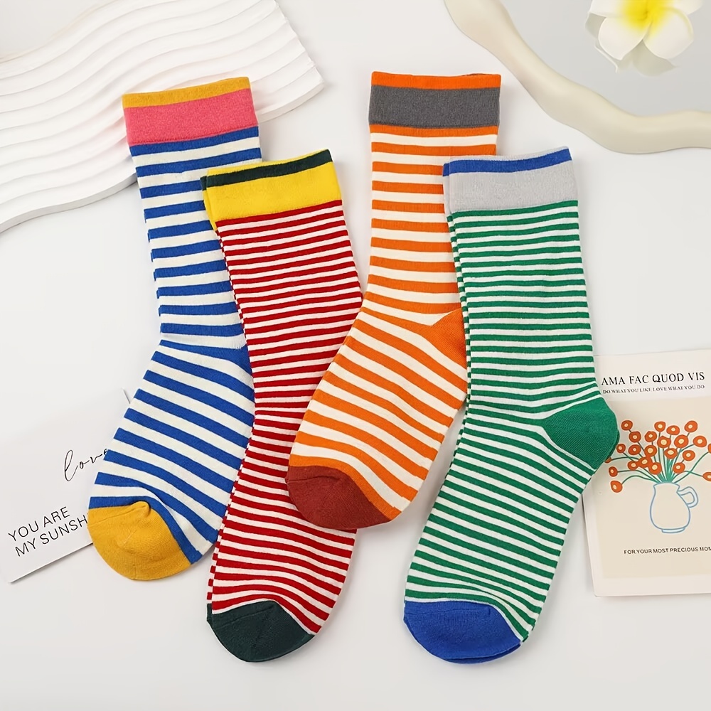E-shop 4 Paar Unisex Gestreifte Socken - Japanisches Retro Color-, Rippstruktur bis zur Wade, Warme Herbsttöne für Casual & Formelle Anlässe, Niedliche