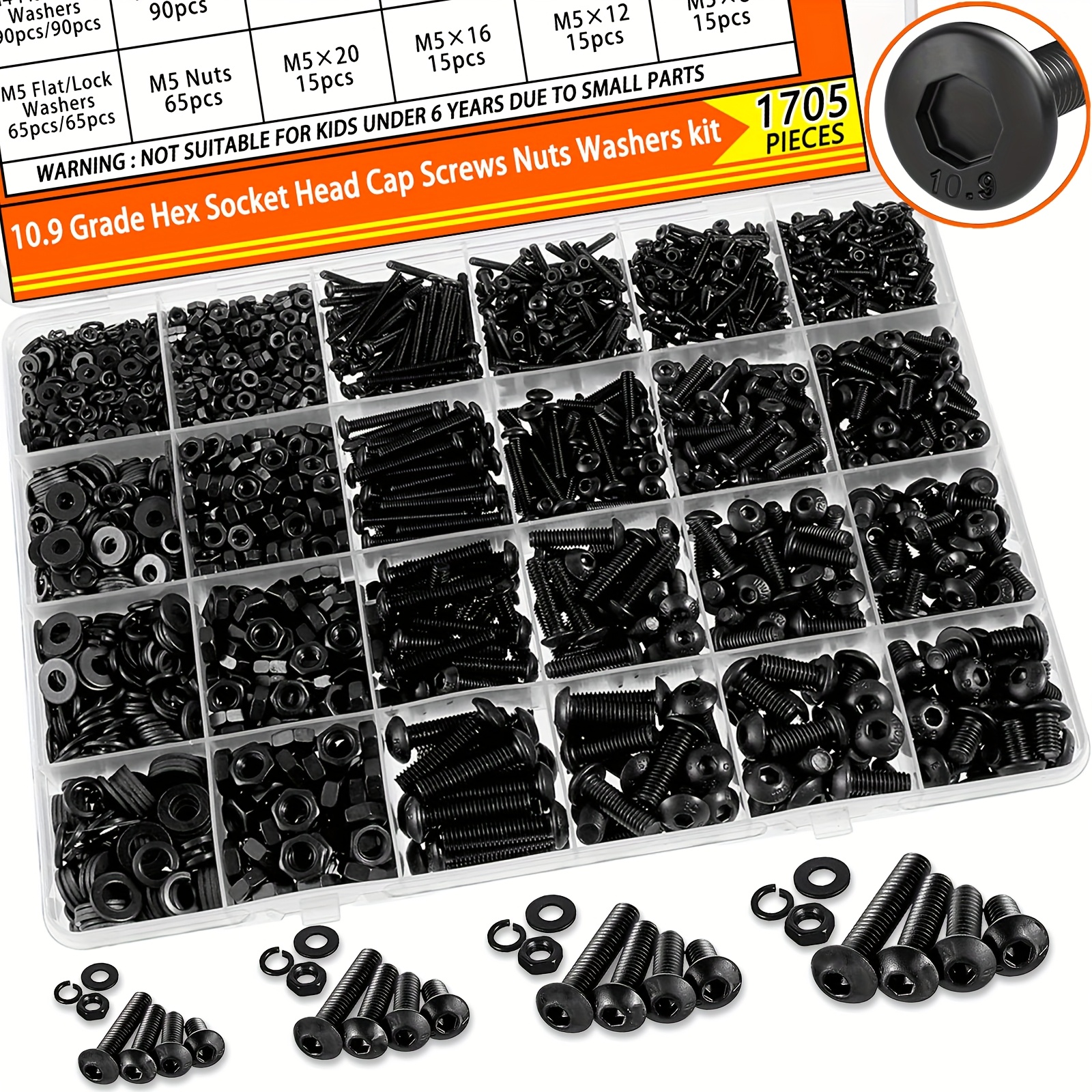 Kit de ensamblaje métrico de acero aleado de grado 10.9 con 1705 piezas, incluyendo llaves y fregaderas planas, de M2 a M5, tornillos de cabeza de botón hexagonales, tuercas, fregaderas - Ideal para proyectos de construcción, bricolaje y reparación, kit de fijación de construcción | Componentes de fijación duraderos | Acabado metálico