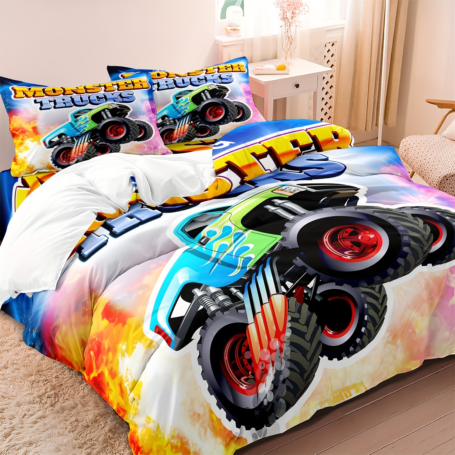 

2/3pcs Duvet Cover Set, Green Trucks Car Racing Off-road Vehicle Print Bedding Set, Soft Comfortable, For Bedroom (1*duvet Cover + 1/2*pillowcase, Without ), Twin/full/queen/king Size