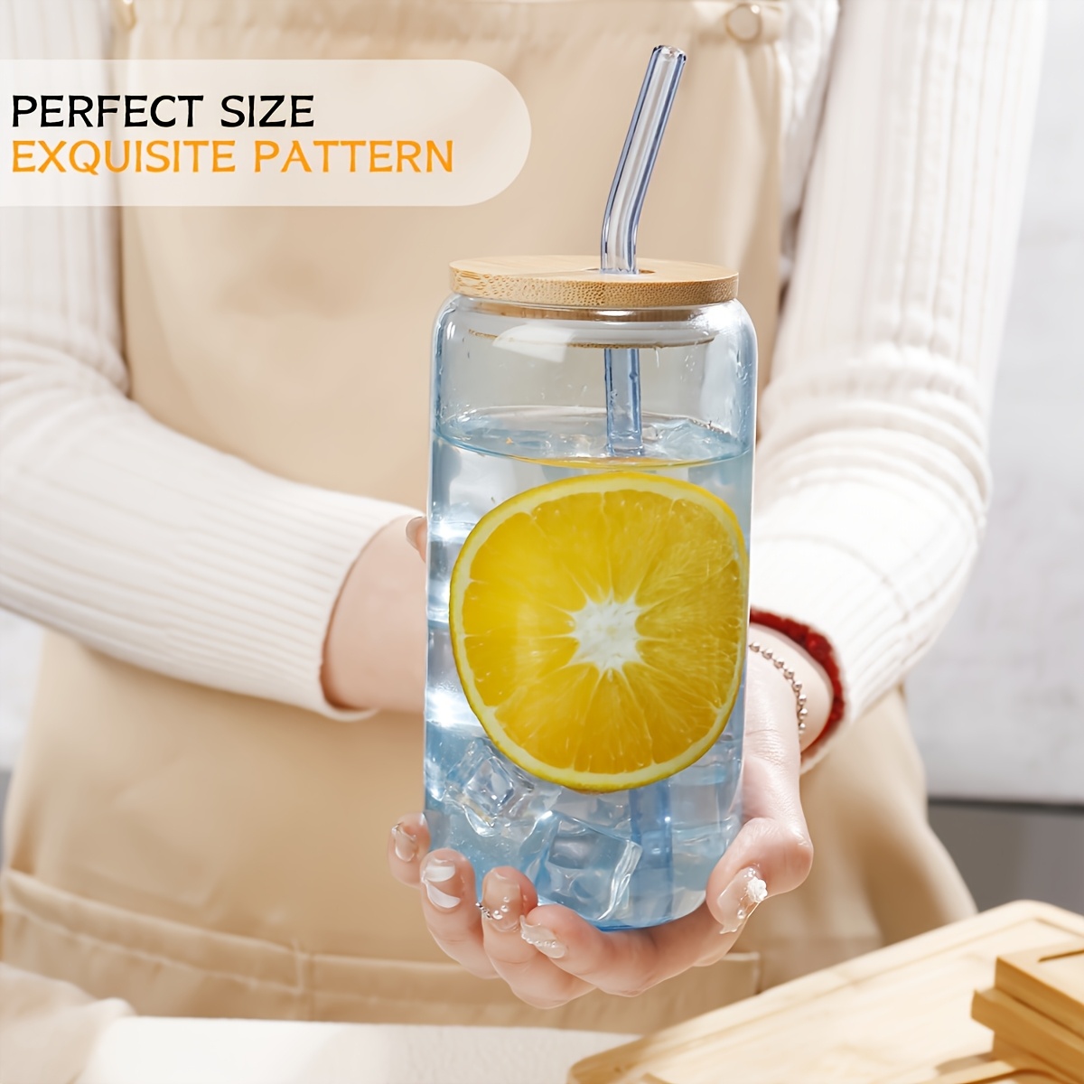4pcs glass 16 oz   473 2 ml drinking mug with bamboo lid and glass straw pretty jar shaped glasses for parties great for     coffee 2 cleaning brushes Product details 2