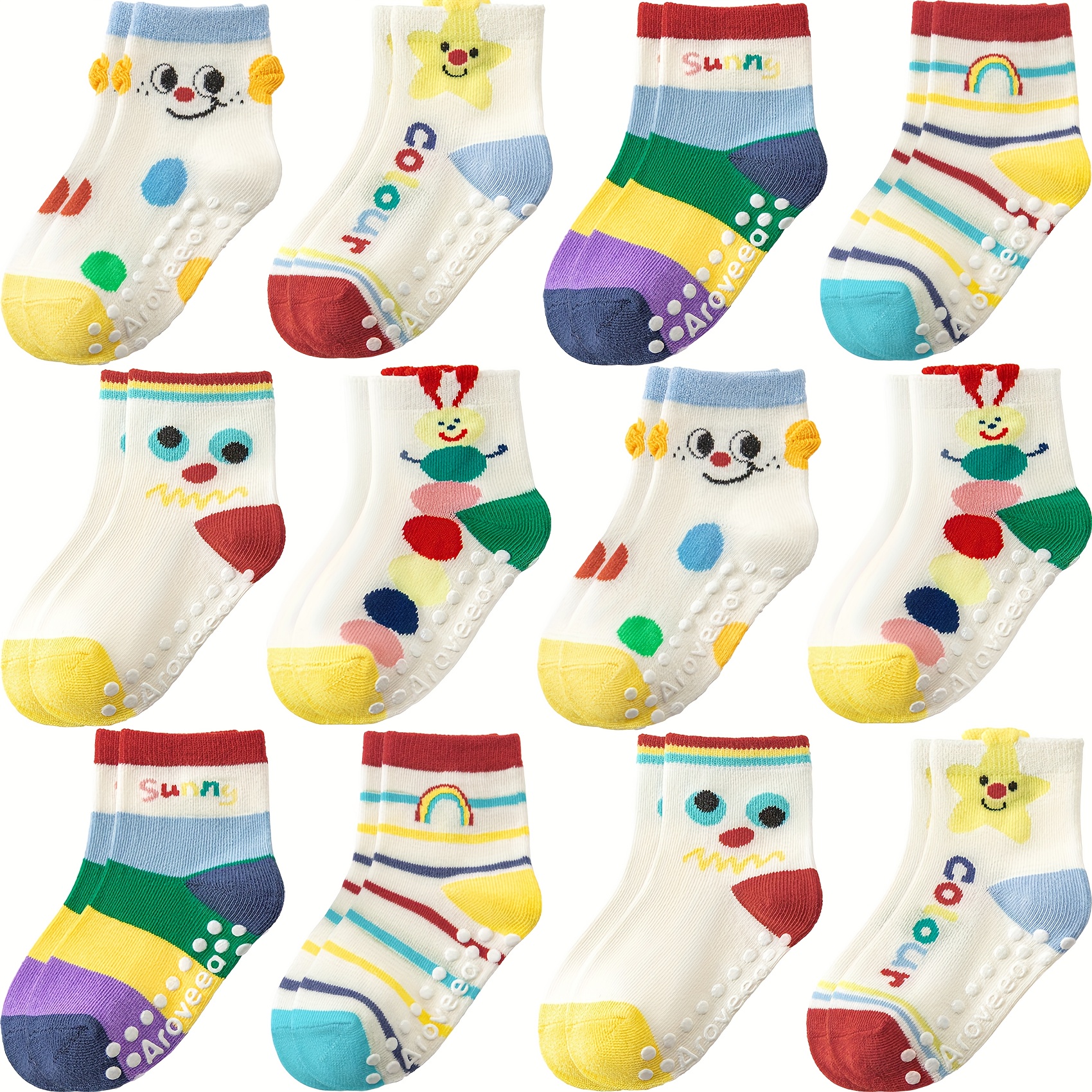12pcs Youngsters' Cartoon Non-Slip Socks - Cute Animal & Rainbow Designs, Breathable Polyester Blend, All-Season Comfort for Boys & Girls, Socks For Boy