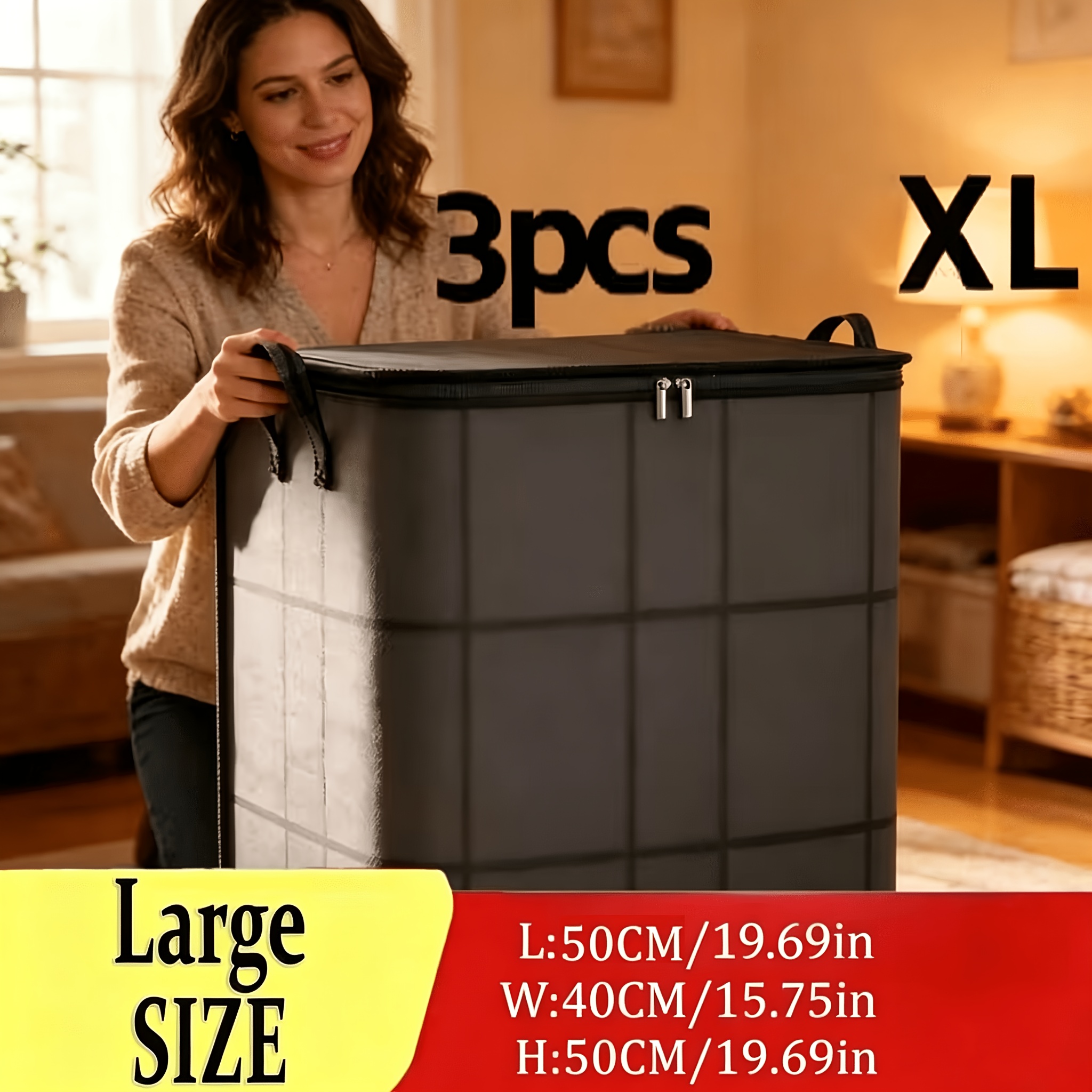 TEMU 3 Pack Large Clothes Storage Bags, Foldable Wardrobe Storage Bag, Large Capacity Storage Box, Household Double Zipper Organizer Bag With Handles