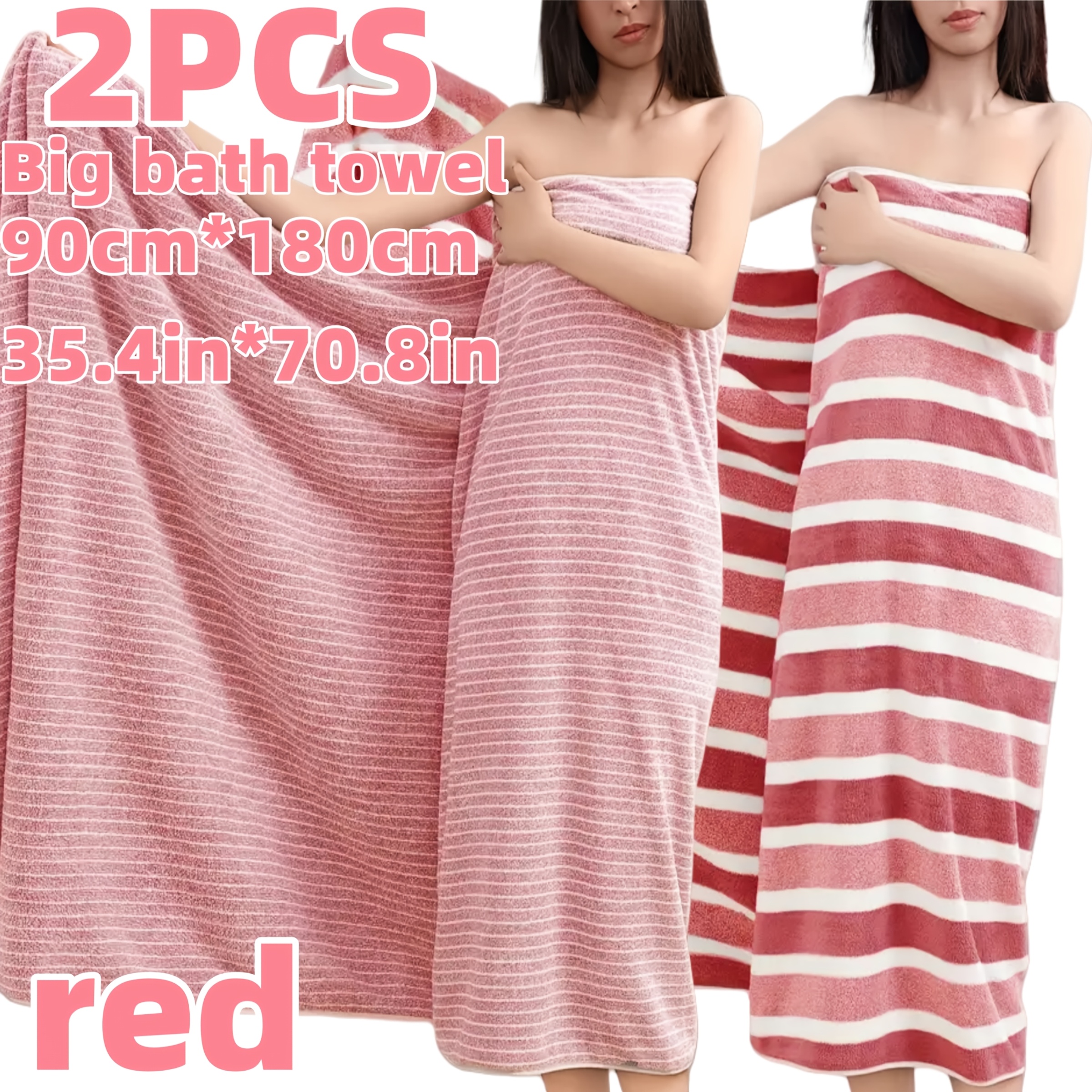 TEMU 2pcs Striped Large Bath Towels 35.4" X ", 100% Coral Fleece Bathroom Set, Durable Soft Absorbent Quick-dry, Perfect For Families, Extra-large
