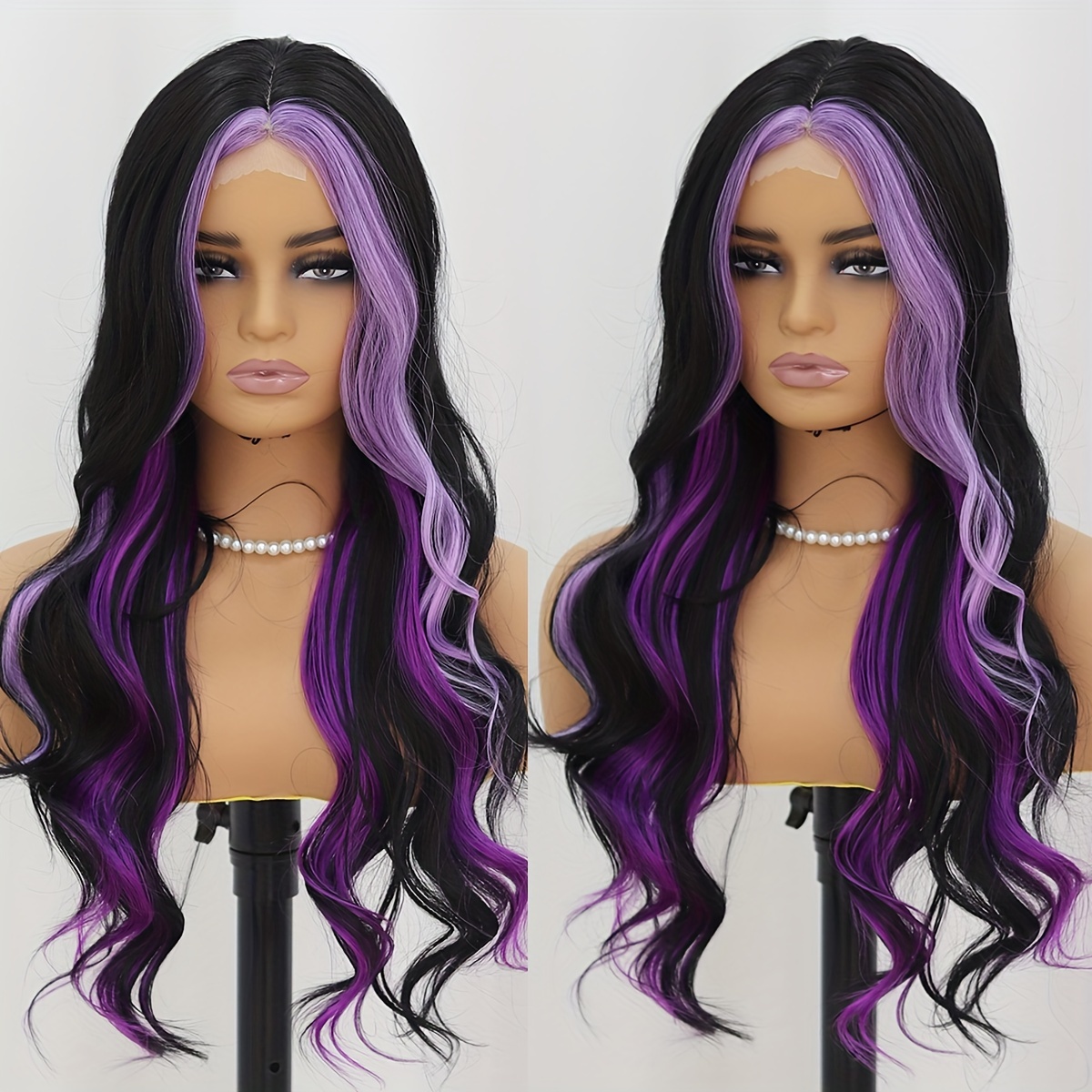 

4*2 Inch Purple Highlight Wavy Wig Synthetic Small Lace Front Wig Heat Resistant Fiber Black Light Purple Wig For Cosplay Daily Party Use 24 Inch