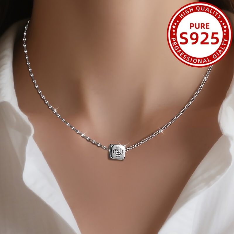 Women's Pendant Necklace Square Four Leaf Clover Charm 925 Sterling Silver