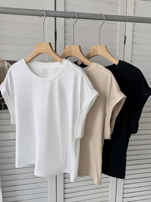 3pcs womens solid color short sleeve t shirts with roll up sleeve round neck casual summer blouses machine washable opaque suitable for casual attire versatile layering basic wardrobe