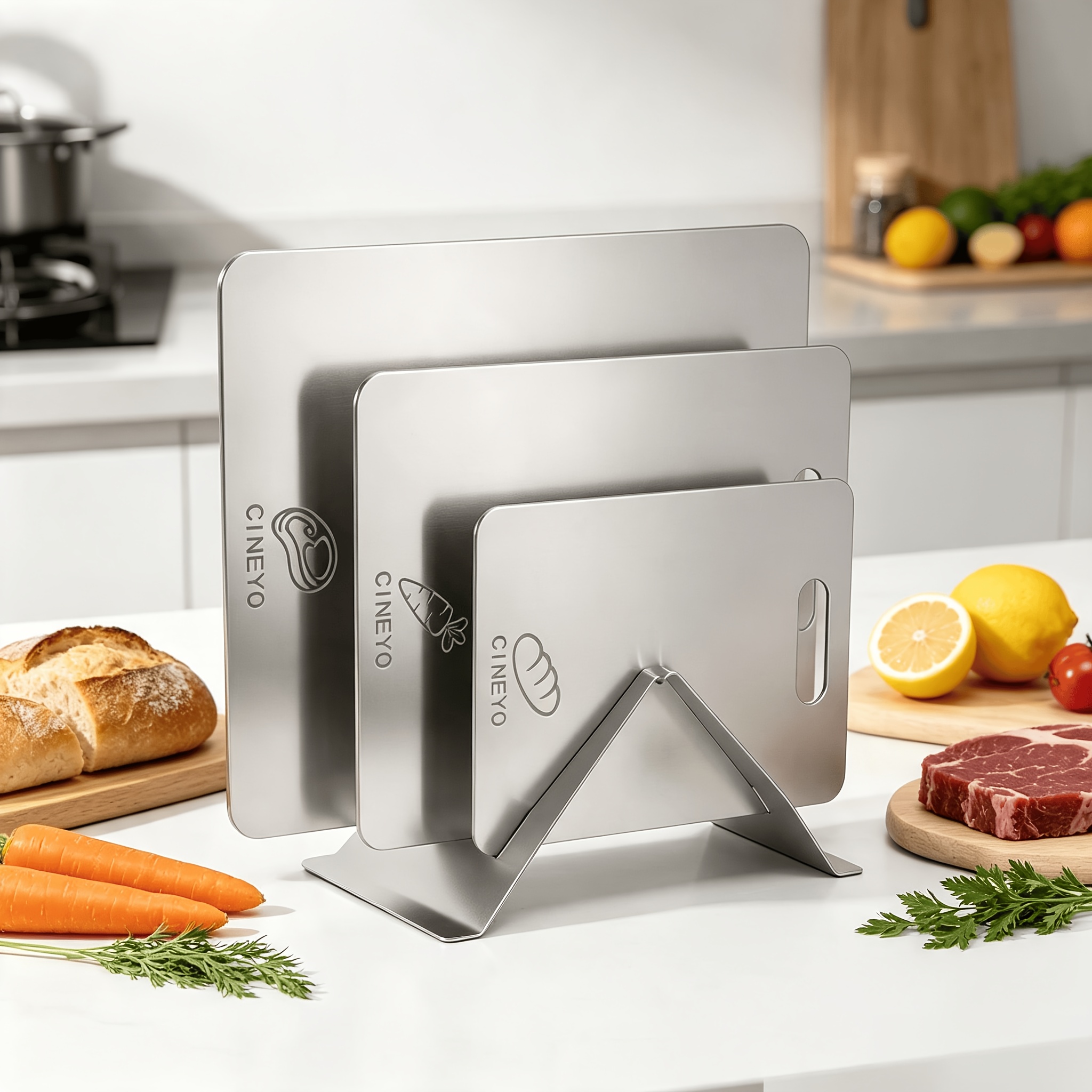 Image of 3pcs Stainless Steel Cutting Board Set With Folding Stand, Boards For And Cooked , Practical And Easy To Clean, Wear-resistant Durable, Countertop Storage Household Kitchen Prep Tools