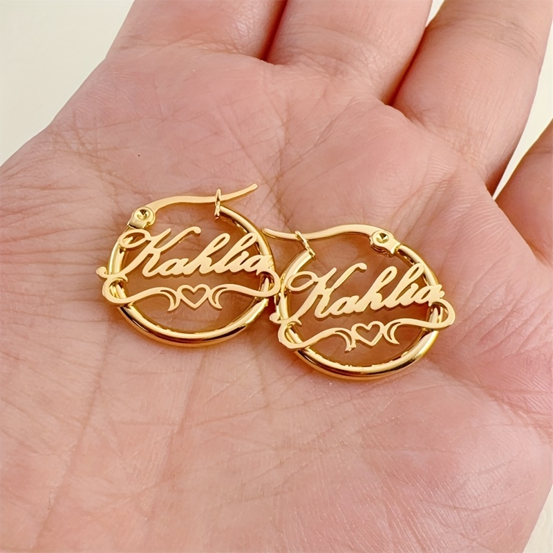 

Personalized Heart-shaped Name Hoop Earrings For Women, 18k Golden Plated Stainless Steel, 20mm Tag Earrings, Elegant Style, Ideal For Gift- & Music Festivals, Accessory