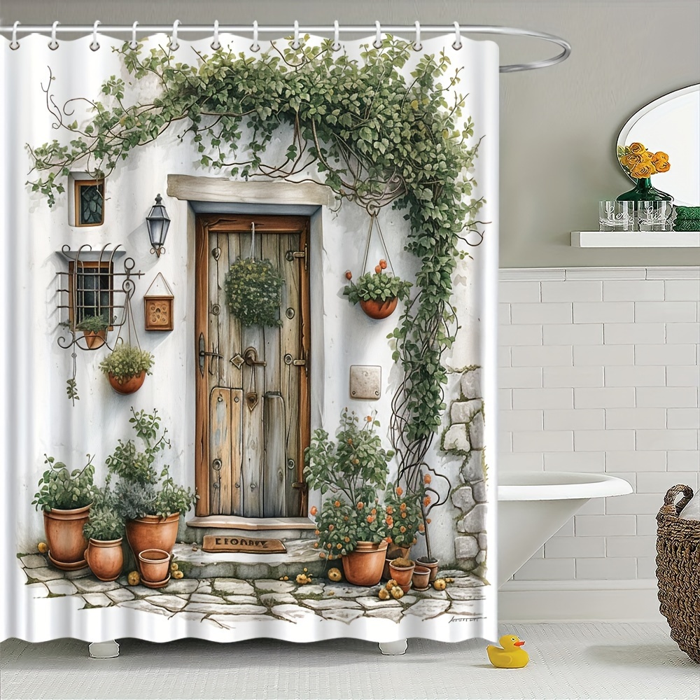 

Charming Floral & Wooden Door Design Shower Curtain - Waterproof Polyester With Hooks, 70.8"x70.8" - Perfect For Bathroom Decor