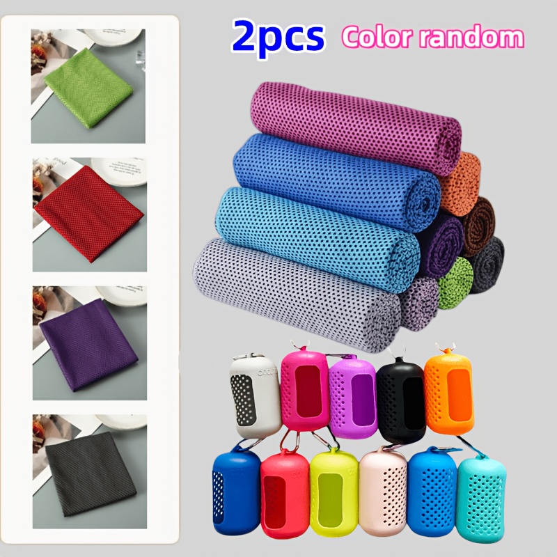 TEMU Random Color 2pcs Set: 1 Silicone Cover + 1 Towel, Mixed Summer Quick-dry Fitness Ice Towel With Silicone Storage Bag, Microfiber Ice Towel,