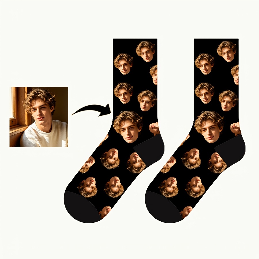 TEMU 1 Paire de Chaussettes Personnalisées avec Photo de Visage - Téléchargement de Photo Personnalisée pour Hommes et Femmes, Chaussettes Cadeaux