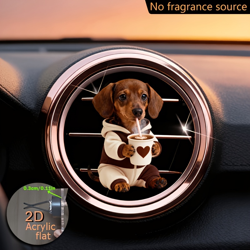 TEMU 2d Flat, 1pc Cute Dachshund Drinking Coffee Pattern Car Air Vent Clip Decoration, "fragrance-free", With Dual Odorless Sponge Pads, Car Air