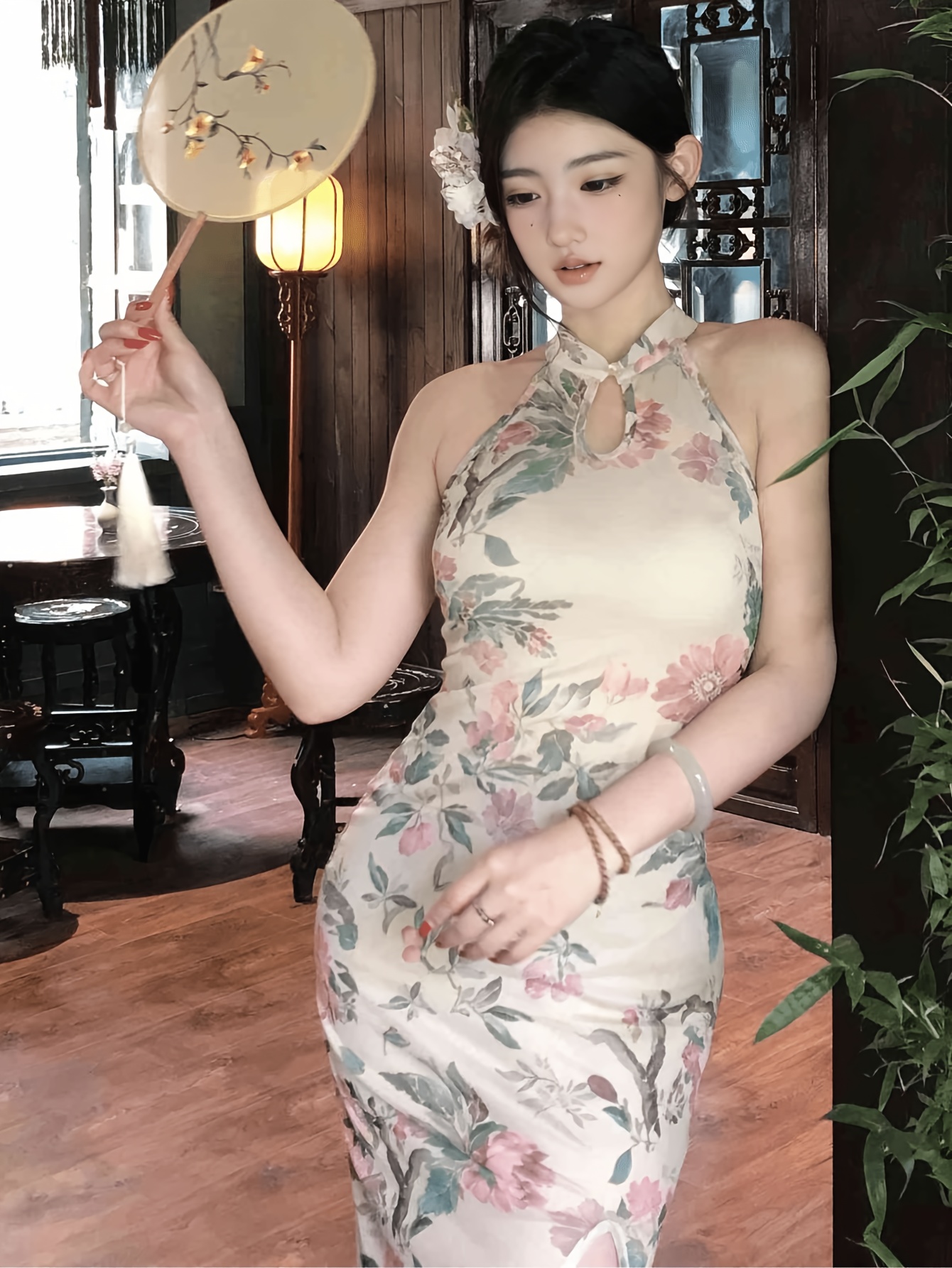 chinese halter neck dress Cheongsam Dress, New Style * Long Split Print Cheongsam, Chinese Style Retro * * And Daily Wear greenery