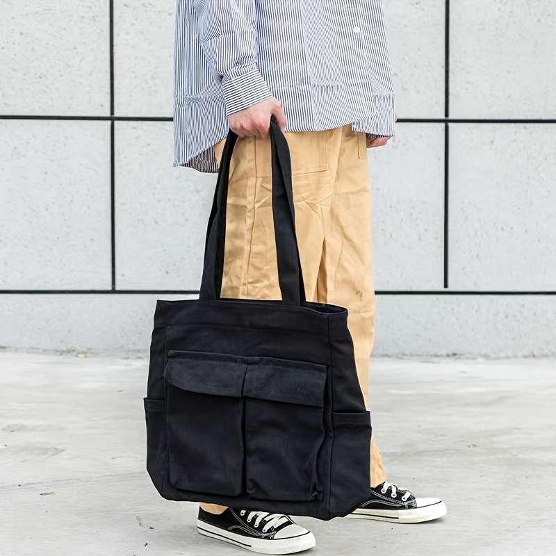 TEMU Solid Color Minimalist Retro Large Capacity Nylon Tote With Multiple Pockets - Beach Shopping & School Backpack For College S
