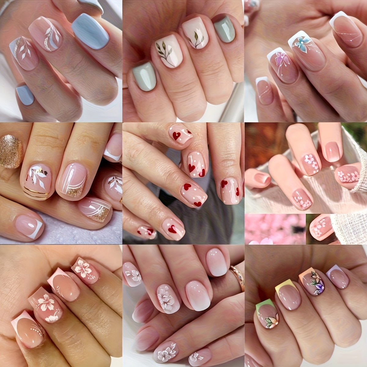 Get With 216pcs Short Square Nail Art Kit, Spring Summer Glitter Leaf Design Full Coverage Fake Nails Set, Gift For Women And
