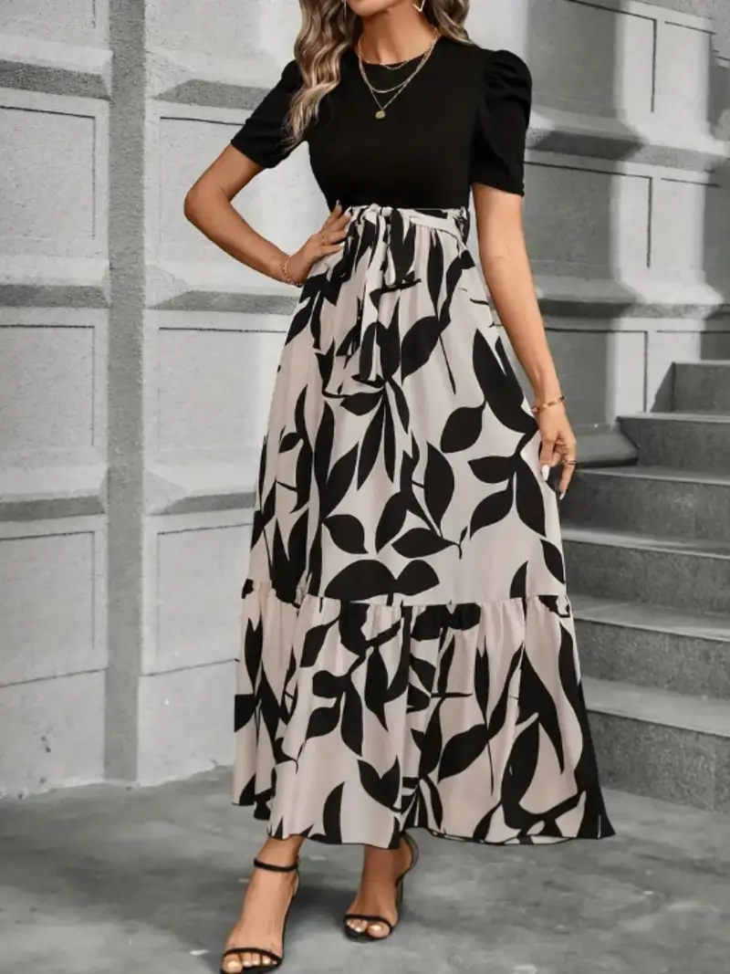womens puff sleeve round neck maxi dress belted waist flowy - Temu womens puff sleeve round neck maxi dress belted waist flowy - Temu