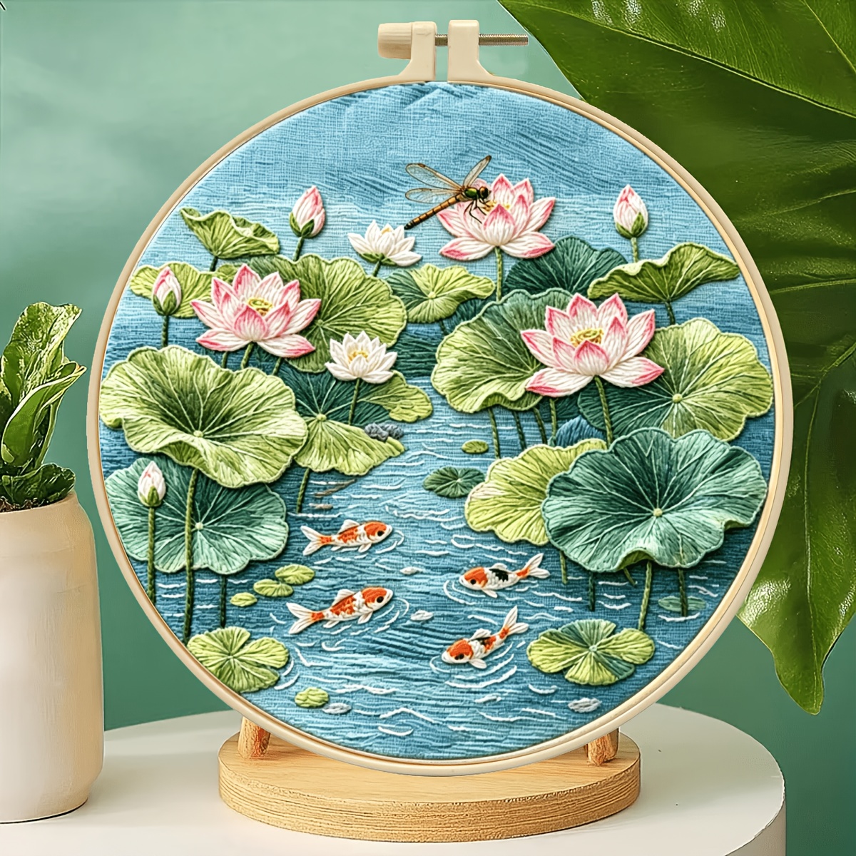 TEMU 1 Set Embroidery Kit, Lotus Pond Koi Handcraft Material Pack, Beginner Full Tool Set, Landscape Home Decoration Stress Relief Handmade Hanging