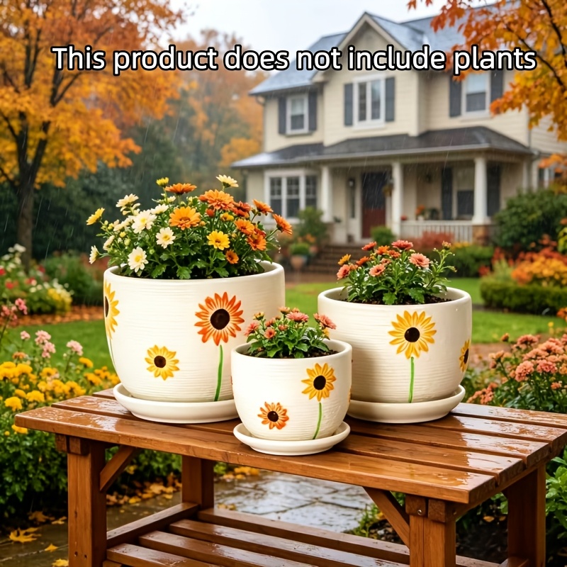 TEMU 3pcs Sunflower Ceramic Flower Pot Set With Leak-proof Trays, Weather-resistant Ceramic With Hand-painted Patterns, Planters For Succulents And