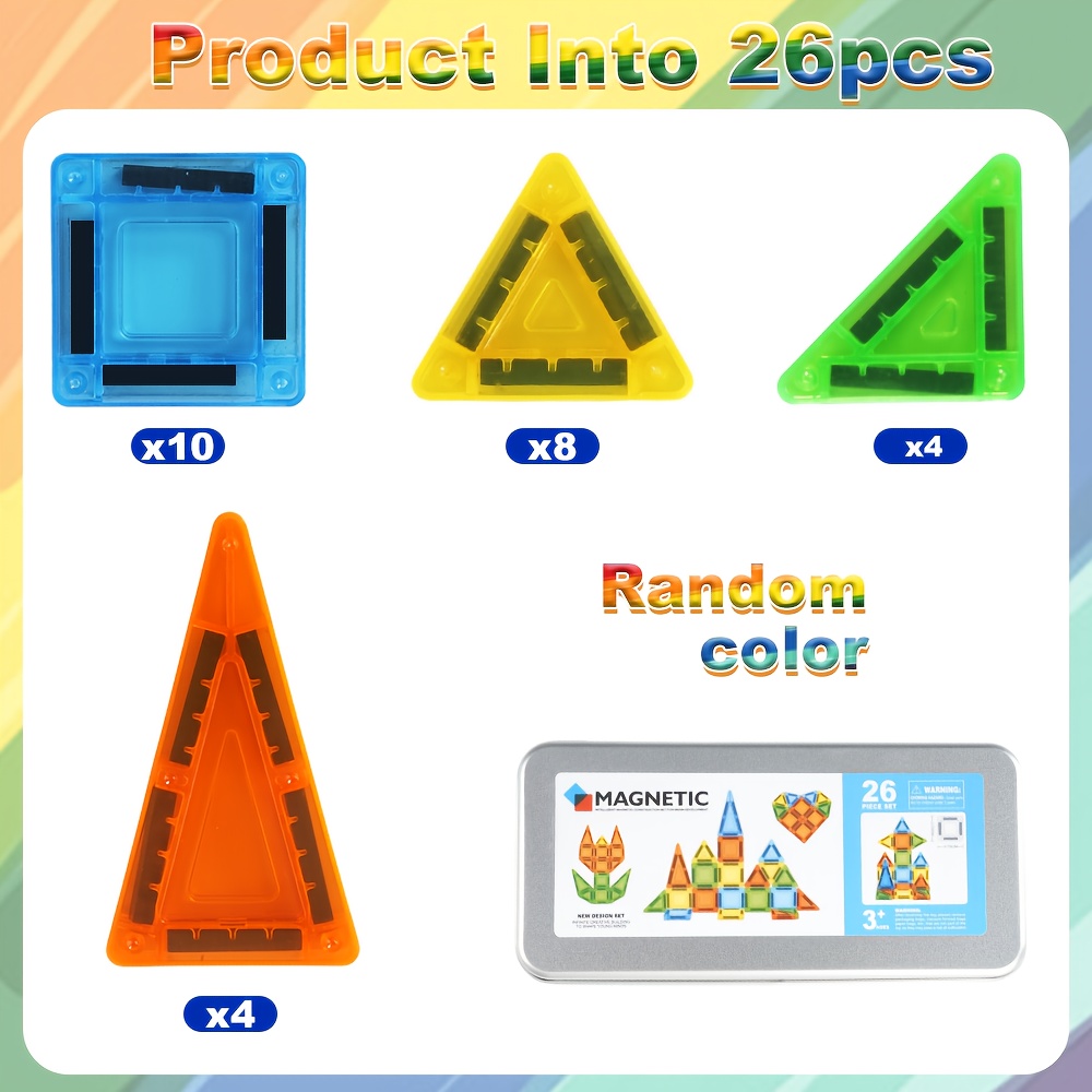 Image of 26pcs Magnetic Building Blocks Travel Set, With Storage Tin Box For Easy Carrying, Creative Building Set, Stem Educational Toy For Children, , Suitable 3 And Up.random Color
