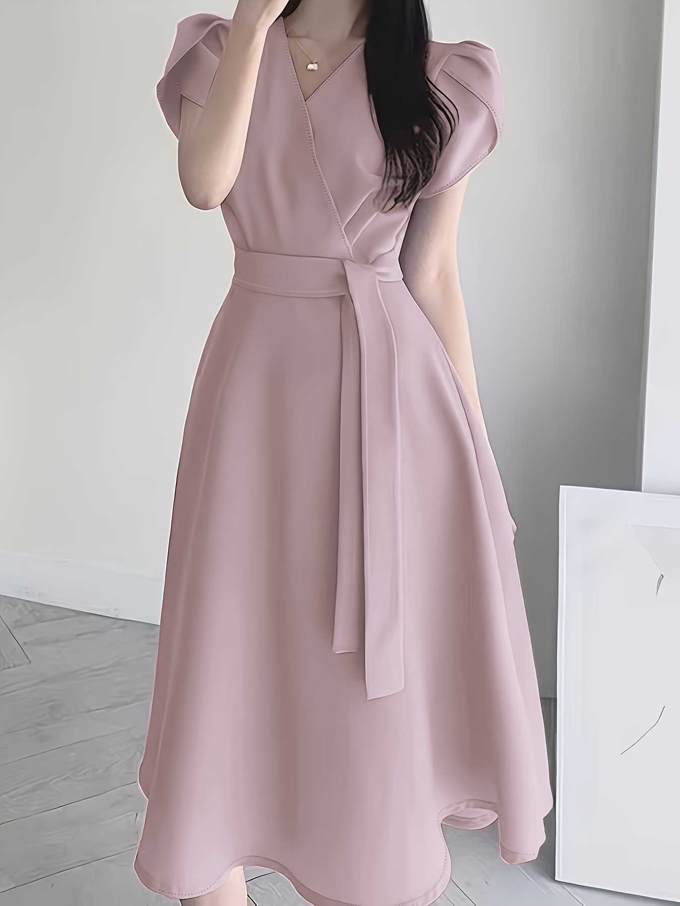 ladies belt dress womens solid color loose elegant puff sleeve v thick waist belt for dress