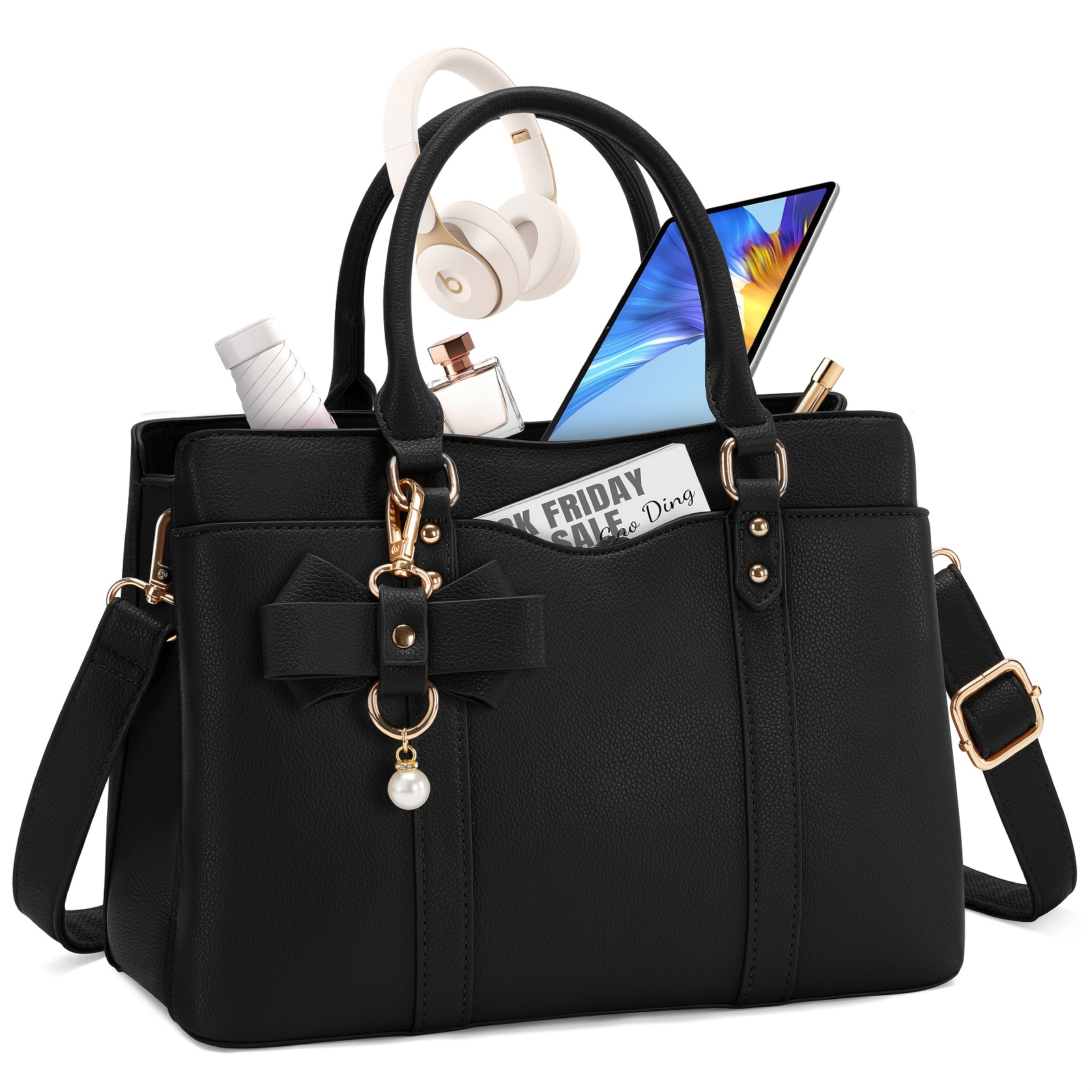Image of Rainsmore Women's Handbag Medium Pu Tote Bag Ladies Handbag Purse Bag Shoulder Bag Crossbody Bag Women's Handbag With Bow Pendant Black Elegant