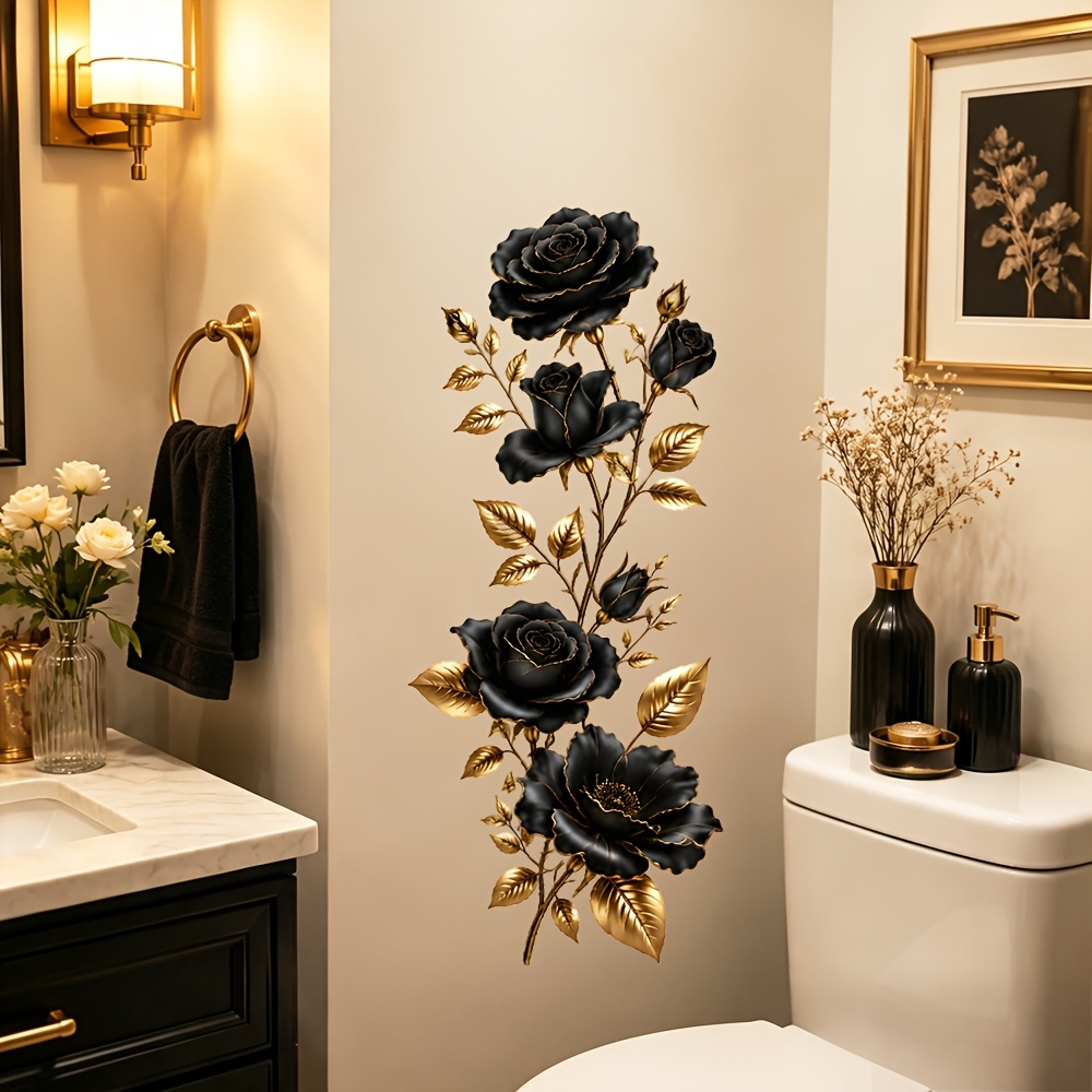 TEMU 1pc Elegant Black And Golden Rose Wall Stickers, Modern Self-adhesive Flowers, Bathroom Decoration, Use Wall Stickers To Decorate Study Rooms,