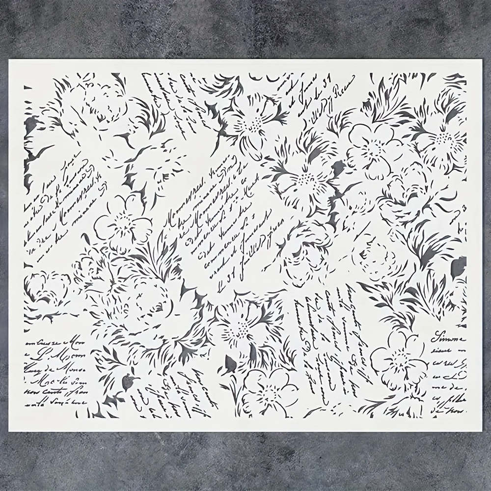 Image of 1pc Vintage French Script And Floral Pattern Stencil For Painting - Reusable Pet Wall, And Furniture Stencil With Romantic Poetry Design