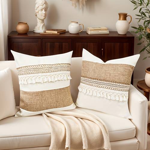 2pcs bohemian style with tassel throw pillow covers beige and brown design polyester fabric zip closure for sofa and bedroom decor pillow core not included