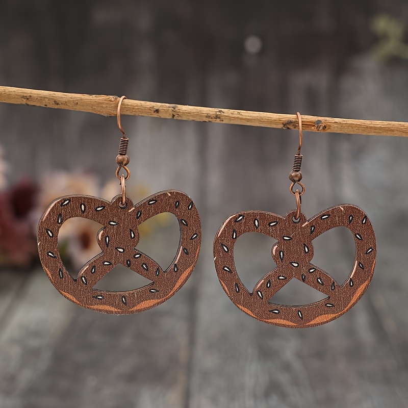 Pair Of Vintage German Soda Bread Hollow Fashion Wooden Women's Earrings
