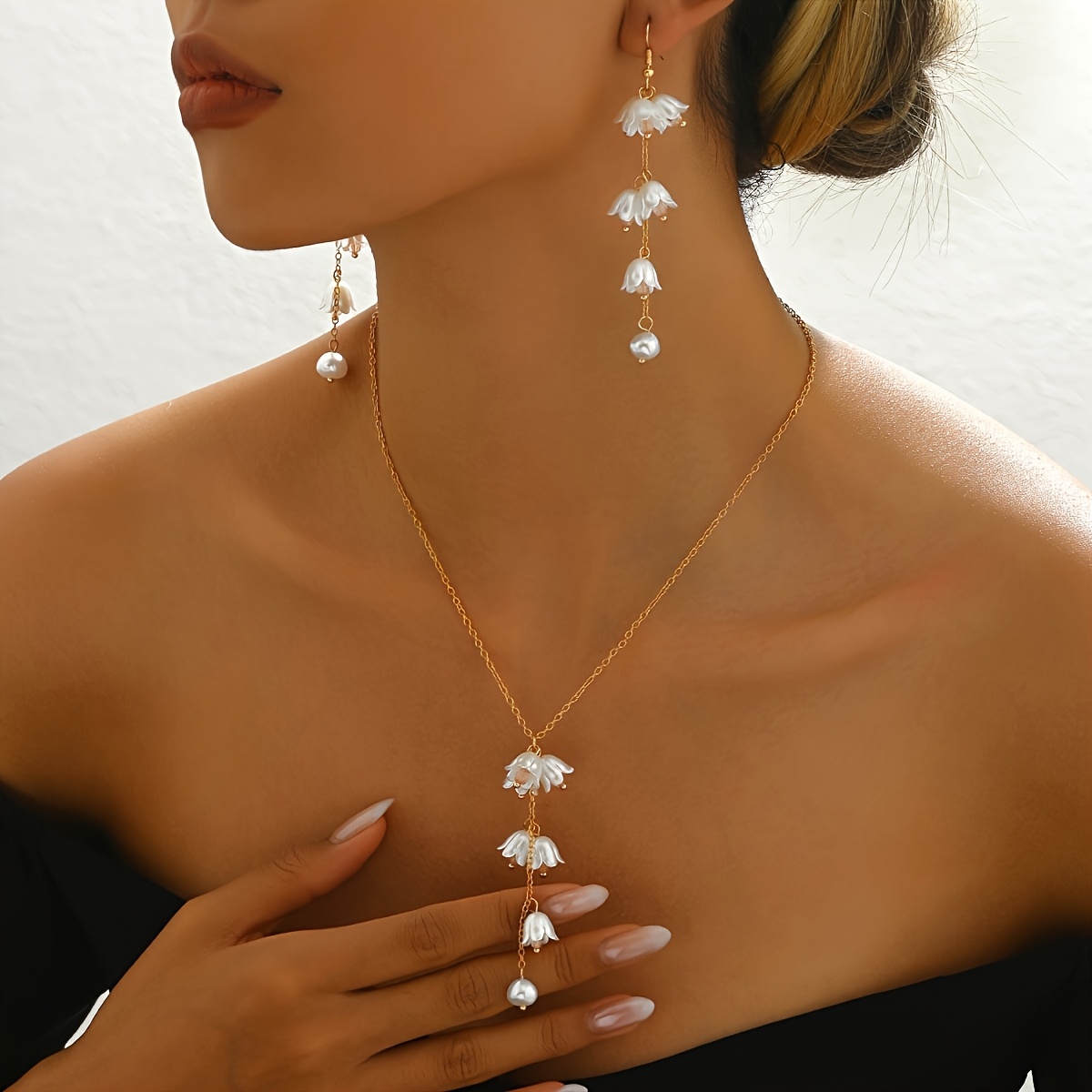 E-shop 3-teiliges neues Damen-Schmuckset für Frühling/Sommer, Vintage süße elegante Glockenblumen-Ohrringe mit langen Quasten, Ohrschmuck aus der