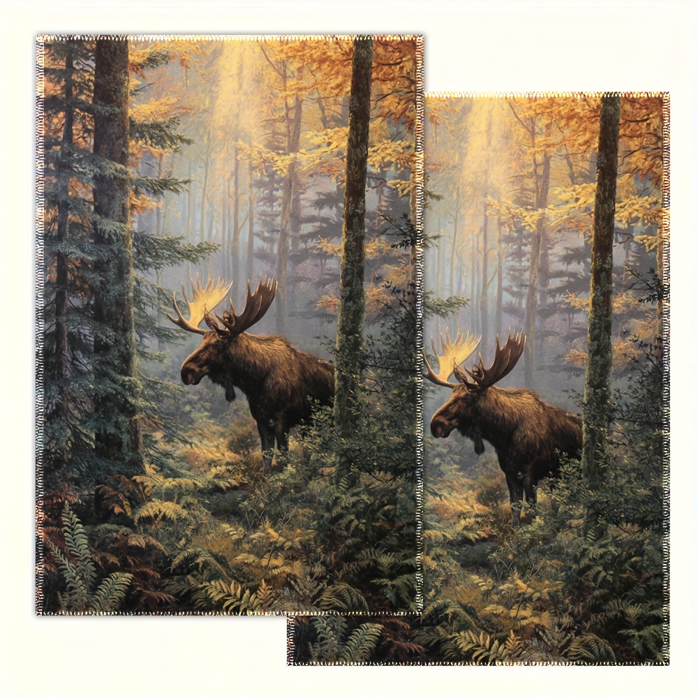 TEMU 2pcs Large Moose In Forest Kitchen Towels - 16x24 Inch Moose & Print Dishcloths, Rustic Cabin Tea Towels With , Durable Housewarming Gifts For