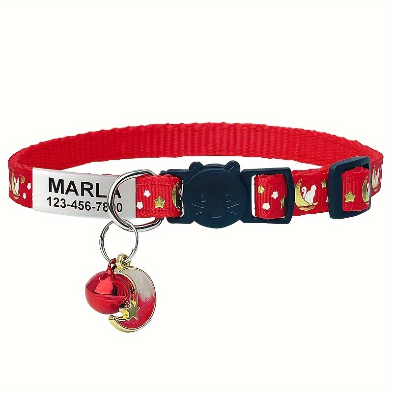 TEMU Custom Engraved -the-dark Cat Collar With Safety And Bell, Personalized Id Tag With , Phone Number, And Address, Breathable Adjustable Pp Collar