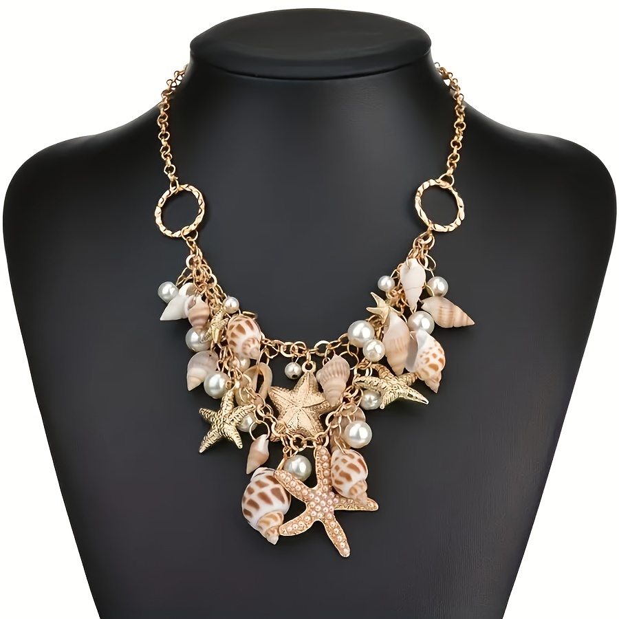 

Bohemian Vacation Style Beach Shell Starfish Necklace, Ocean Style Jewelry, Seashell Conch Cluster Statement Necklace, Wear Accessory