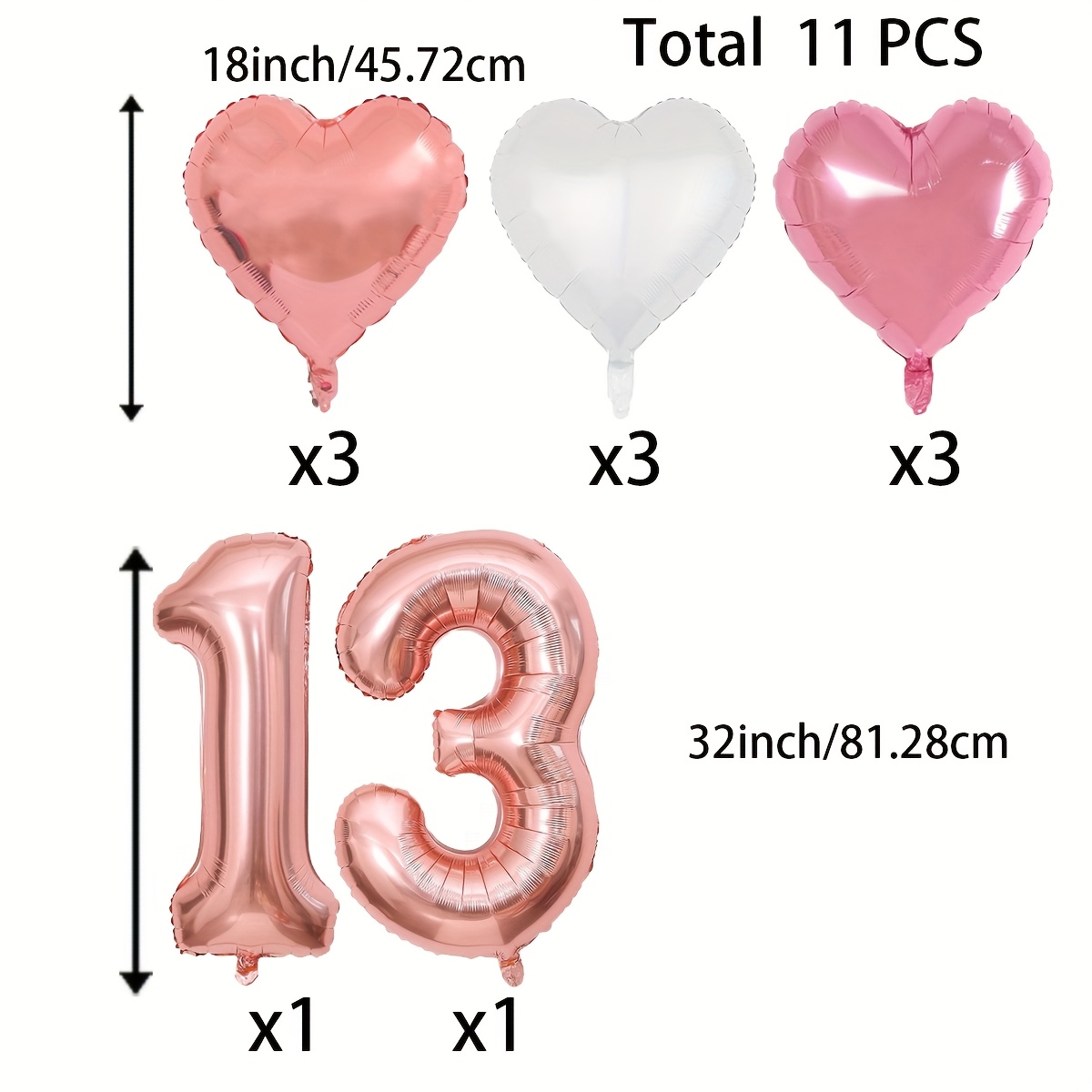 Rose 13 Foil Balloon, 32inch Helium Ballons With 18inch Rose Pink Heart Shaped Foil Mylar Balloons For 13th Birthday Anniversary Christmas New Year Wedding Birthday Party Decorations