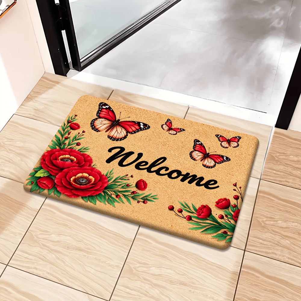 TEMU Paillasson 1 pièce en flanelle et éponge de 1 cm d'épaisseur, Paillasson « Welcome Home », , absorbant, antidérapant, lavable en machine, Tapis
